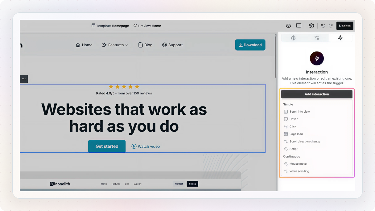The Mosaic editor showing the Interaction panel with the "Add interaction" menu open, listing trigger options including scroll into view, hover, click, page load, scroll direction change, mouse move, and while scrolling.