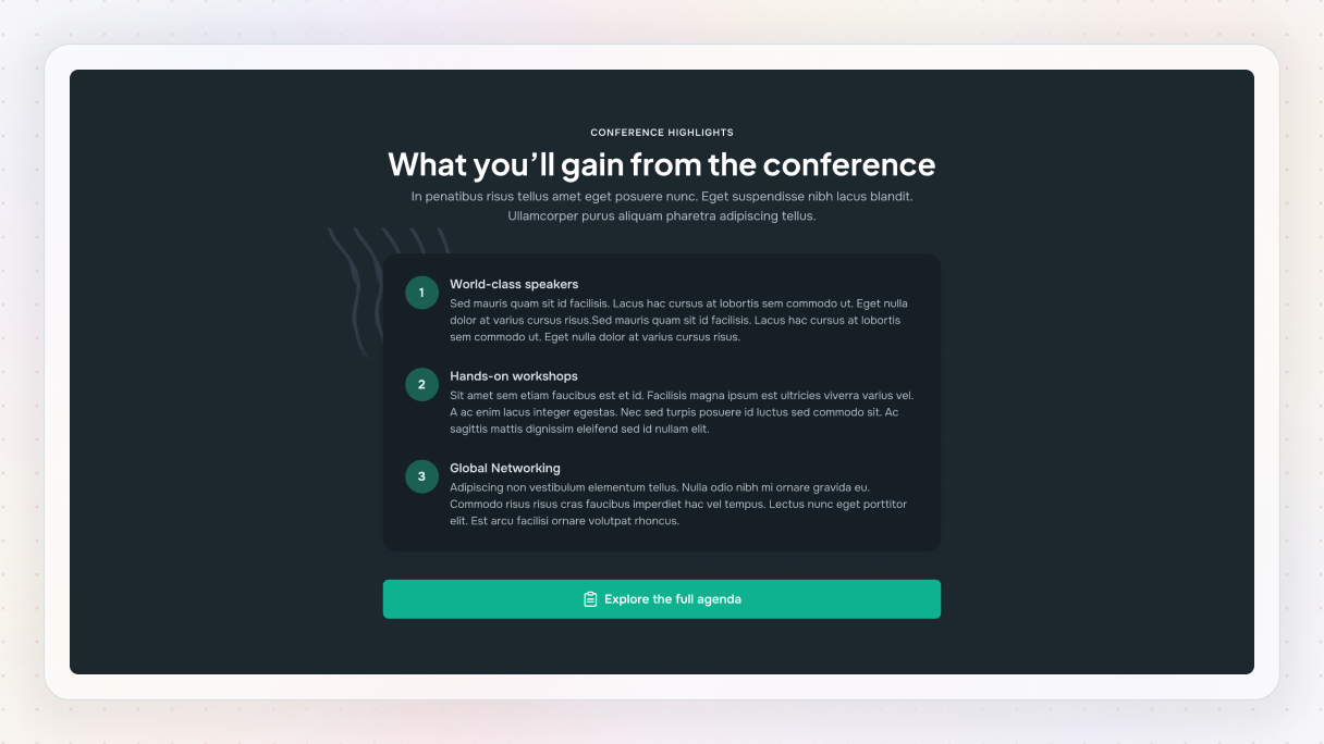 A dark mode features section with a bold headline, three numbered items, and a teal CTA button, showing how dark backgrounds make text and interactive elements stand out.