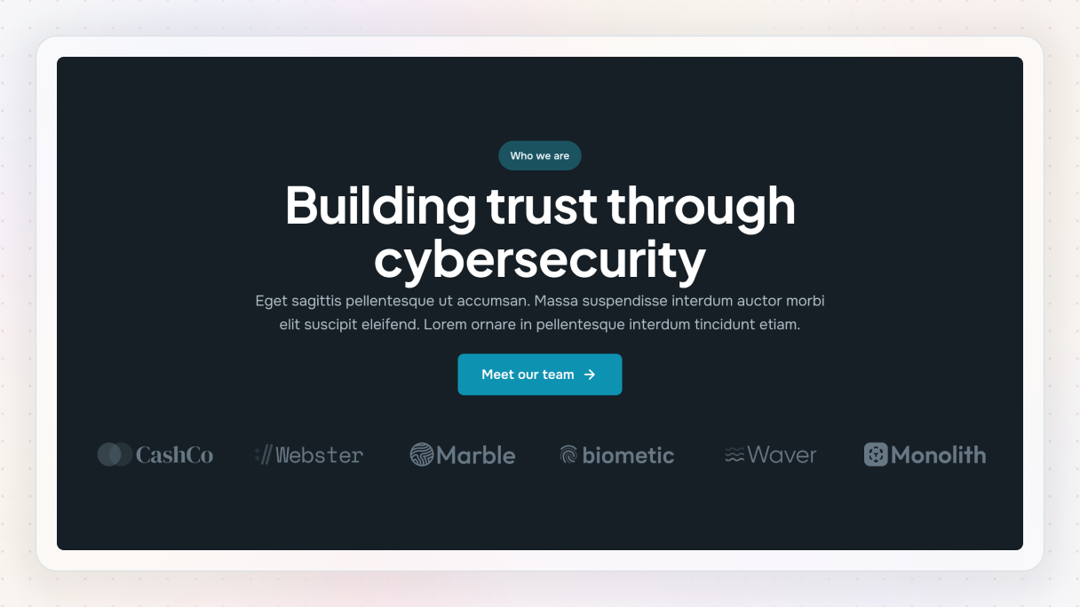 A dark mode hero section with a deep navy background, large white headline, a teal CTA button, and a row of muted client logos along the bottom.
