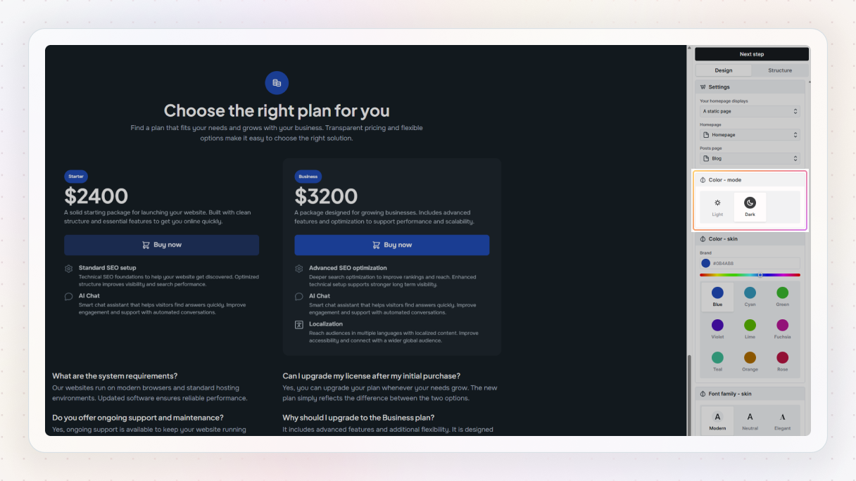 Alt text:
The Mosaic Wizard interface showing a dark mode preview of a pricing page on the left, with Light/Dark mode toggle and color skin options visible in the settings panel on the right.