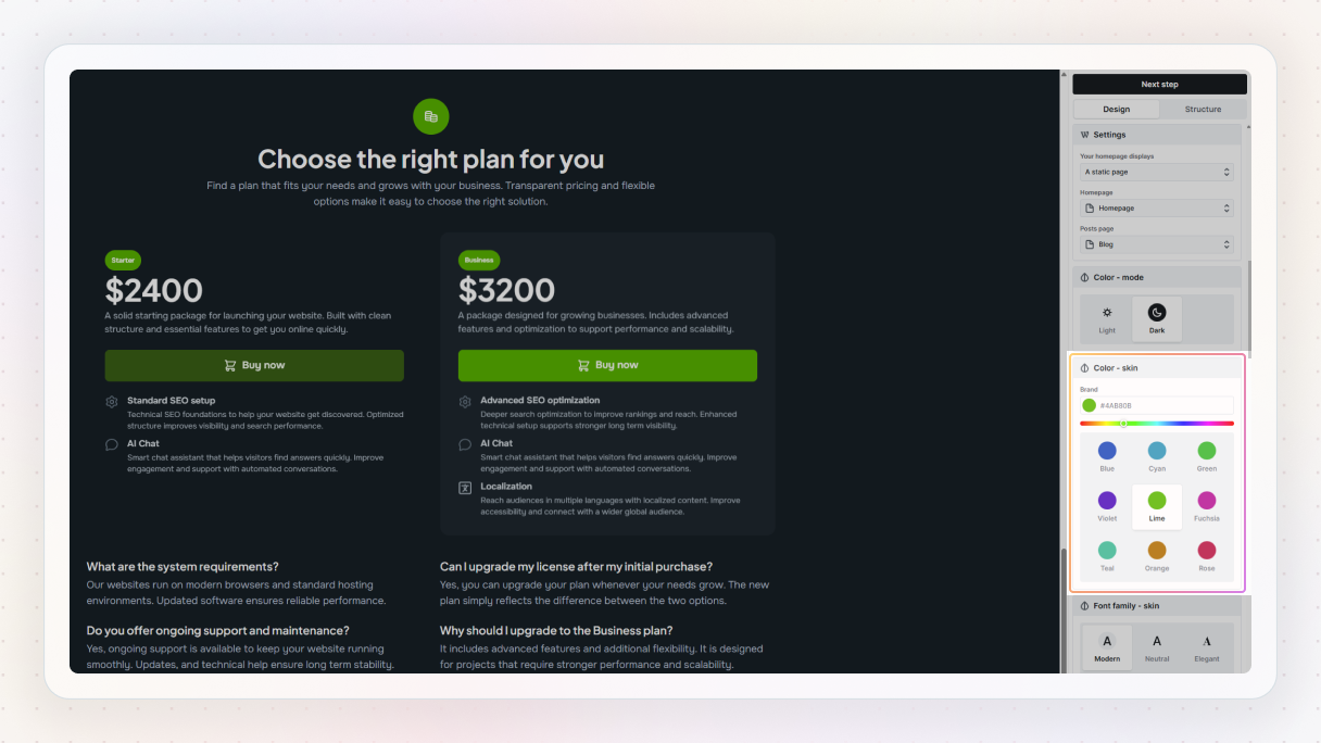 The Mosaic editor showing a dark mode pricing page preview with the Color skin panel open on the right, displaying a lime accent color selected from a grid of color options.