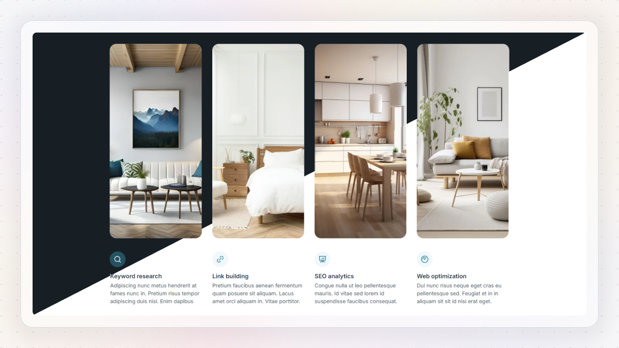 The Features 36 Block in a diagonal dark and light split, showing four tall interior photography cards with icons and descriptions below, transitioning from a dark background on the left to light on the right.