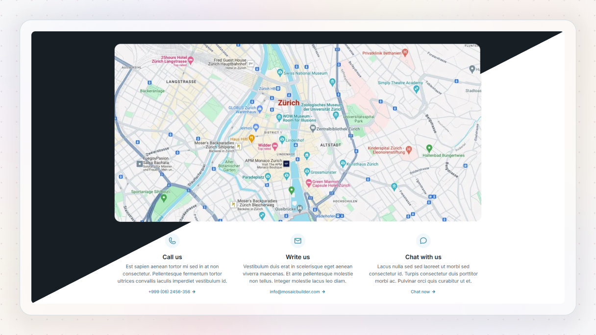 The Contact 16 Block in a diagonal dark and light split, featuring a large embedded map of Zürich above three contact options — call, email, and chat.