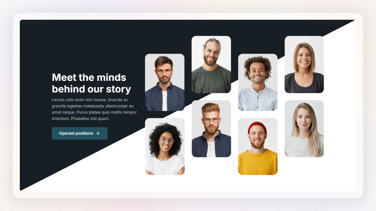 The Team 16 Block in a diagonal dark and light split, showing a headline and CTA on the dark left side alongside a staggered grid of eight team member portrait photos transitioning into a light background.