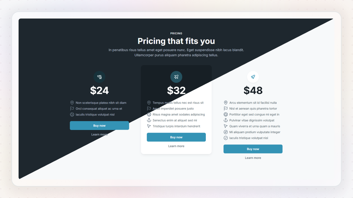 The Pricing 04 Block in a diagonal dark and light split, showing three pricing tiers at $24, $32, and $48 with feature lists and Buy now buttons in both modes.