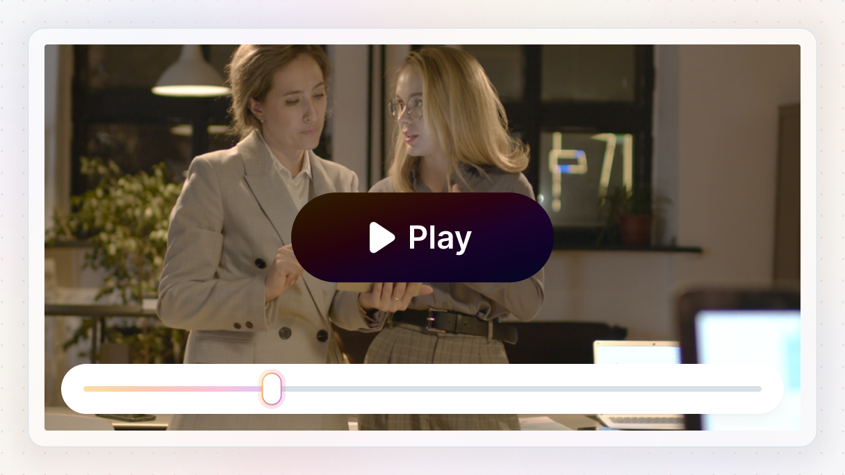 Video player interface in Mosaic featuring a custom animated play button and progress bar, demonstrating a play/pause toggle interaction built with overlapping buttons and click-based animations