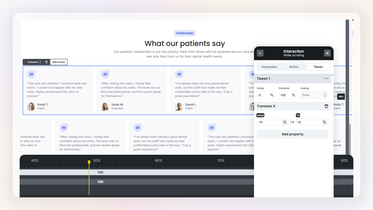 Mosaic interaction editor showing a “While scrolling” interaction applied to a testimonial grid, using Translate X values to create a smooth horizontal scrolling effect while the page moves vertically