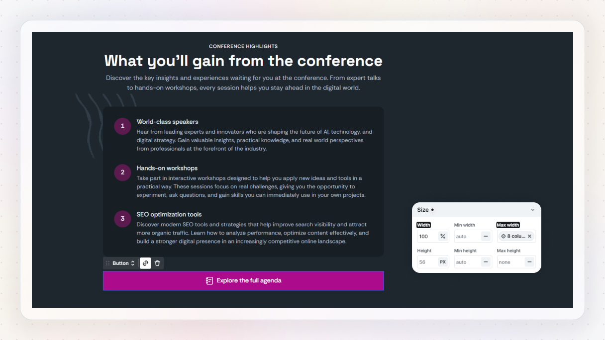 Mosaic editor showing a centered CTA button inside a dark conference section, with size controls open in the Style panel. The button is set to full width with a max-width value to keep it balanced on larger screens