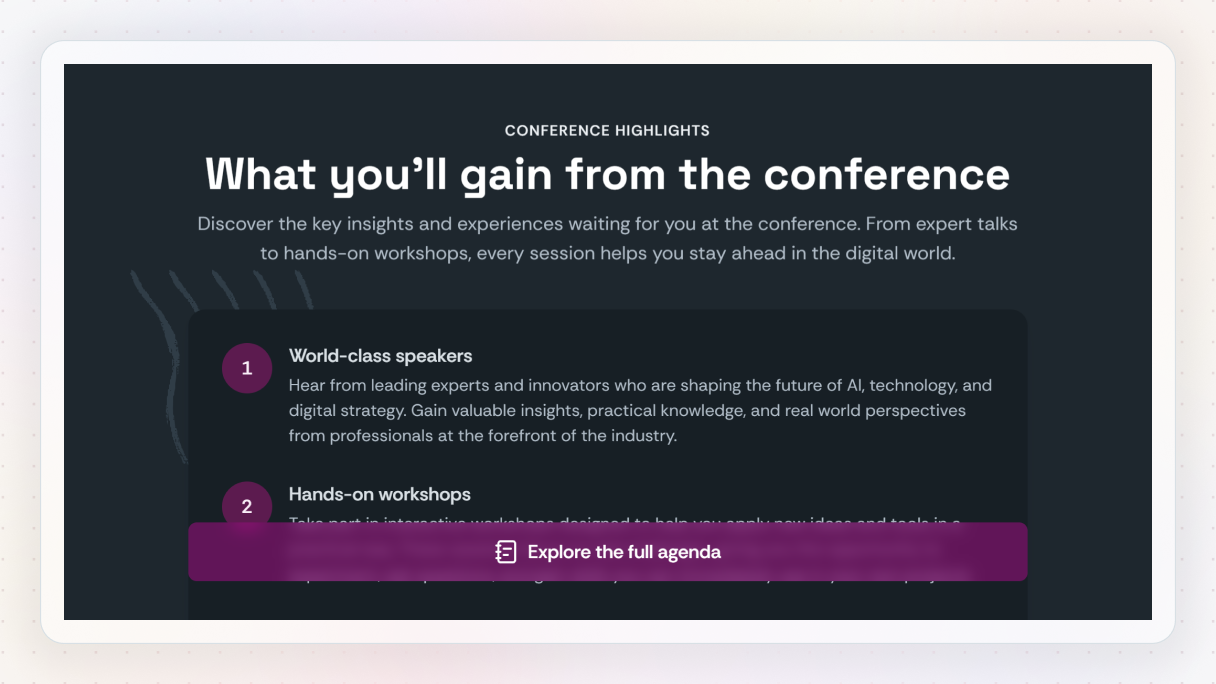 Dark conference section in Mosaic with a semi-transparent purple CTA button overlaying content. The button uses reduced background opacity and backdrop blur to create a softer glass-like effect while keeping the call to action readable