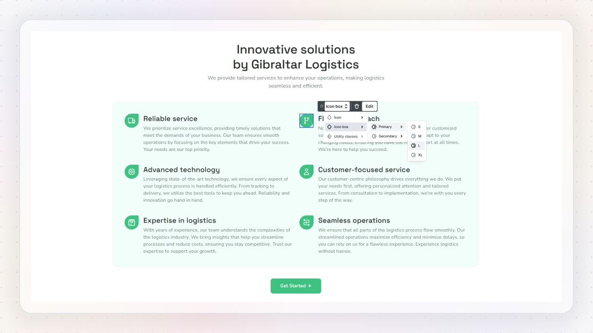 Mosaic editor showing a logistics services section using styled icon boxes with colored backgrounds. The icon dropdown is open, demonstrating how icon boxes add visual hierarchy, spacing, and reusable structure to content
