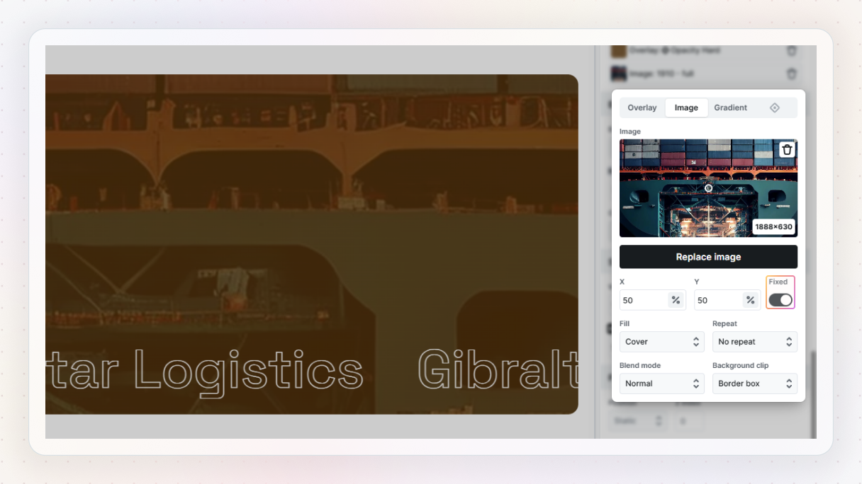Mosaic editor showing image background settings with the “Fixed” option enabled. The text-filled section uses a fixed background image effect to create a subtle scrolling motion while the content moves over it