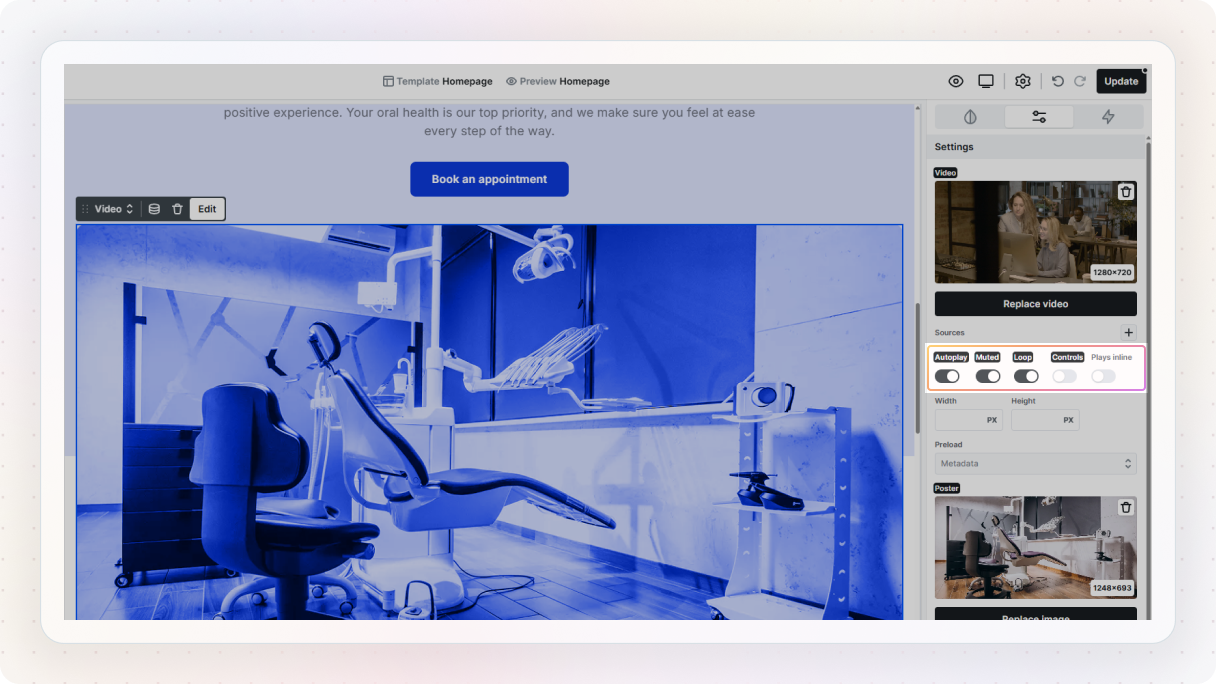 The Mosaic editor showing a dental clinic homepage with a full-width blue-tinted video of a dental office, and the video Settings panel open on the right with autoplay, muted, and loop toggles visible.