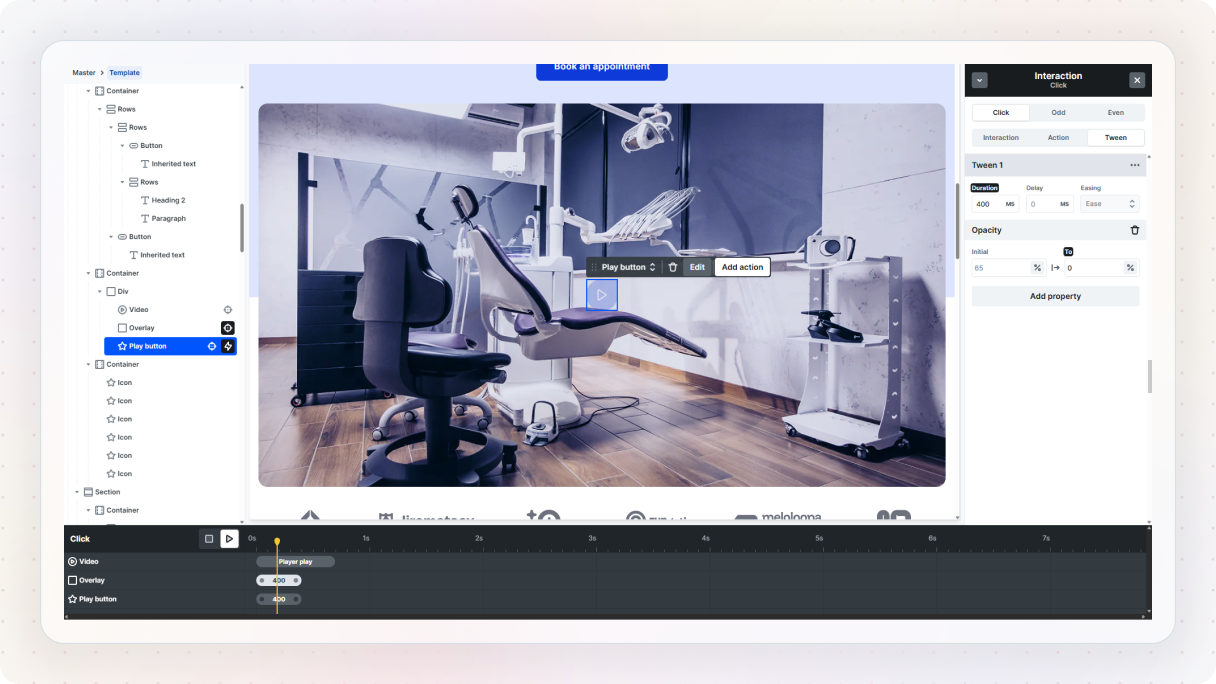 The Mosaic editor showing a click interaction configured for a video play button, with the element tree on the left, an opacity tween set to fade to 0% in the panel on the right, and a timeline showing video, overlay, and play button tweens at the bottom.