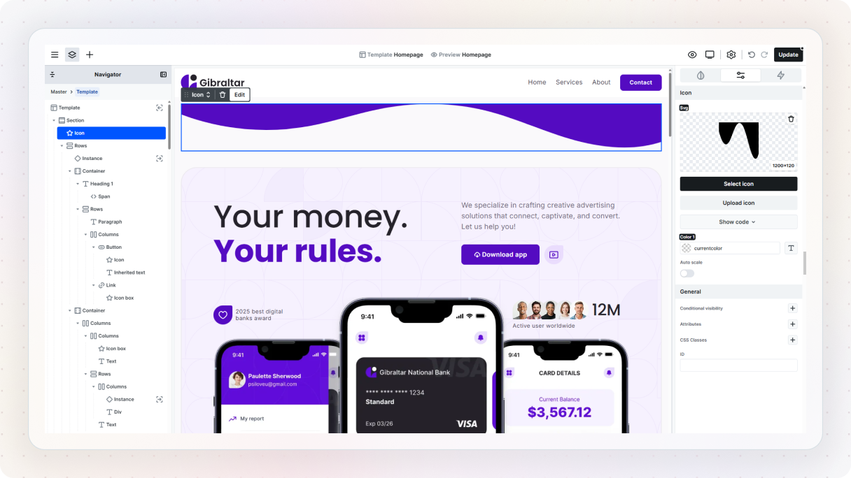 The Mosaic editor showing a fintech homepage with a purple wave shape divider between sections, and the Icon settings panel open on the right with an uploaded SVG and color options.