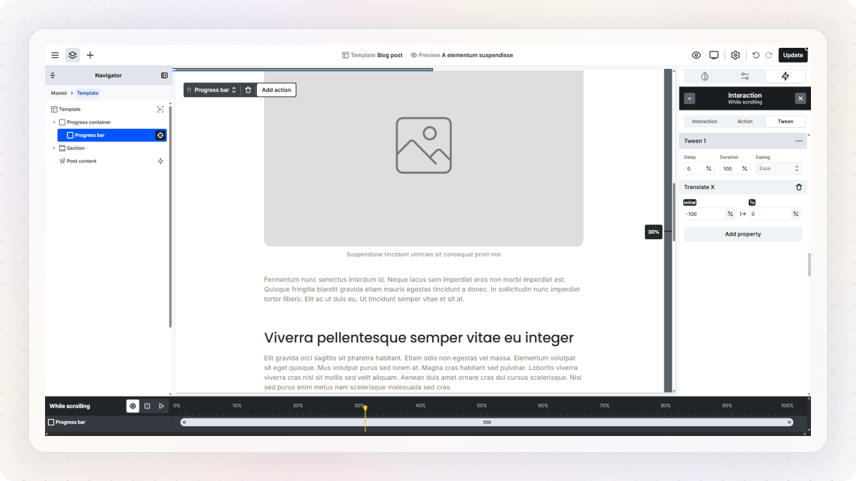 The Mosaic editor showing a blog post template with a reading progress bar at the top, a "While scrolling" interaction configured with a Translate X tween from -100% to 0%, and the scroll timeline visible at the bottom.