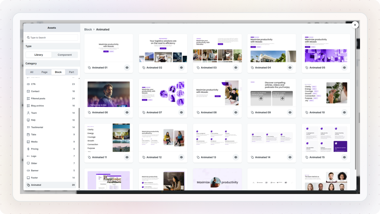 The Mosaic block library showing the Animated category with 20 pre-built animated blocks displayed in a grid, ranging from hero sections to team and testimonial layouts.