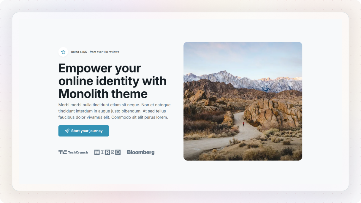 The Monolith theme hero section, showing a two-column layout with a bold headline on the left, a CTA button, press logos, and a landscape photo on the right.