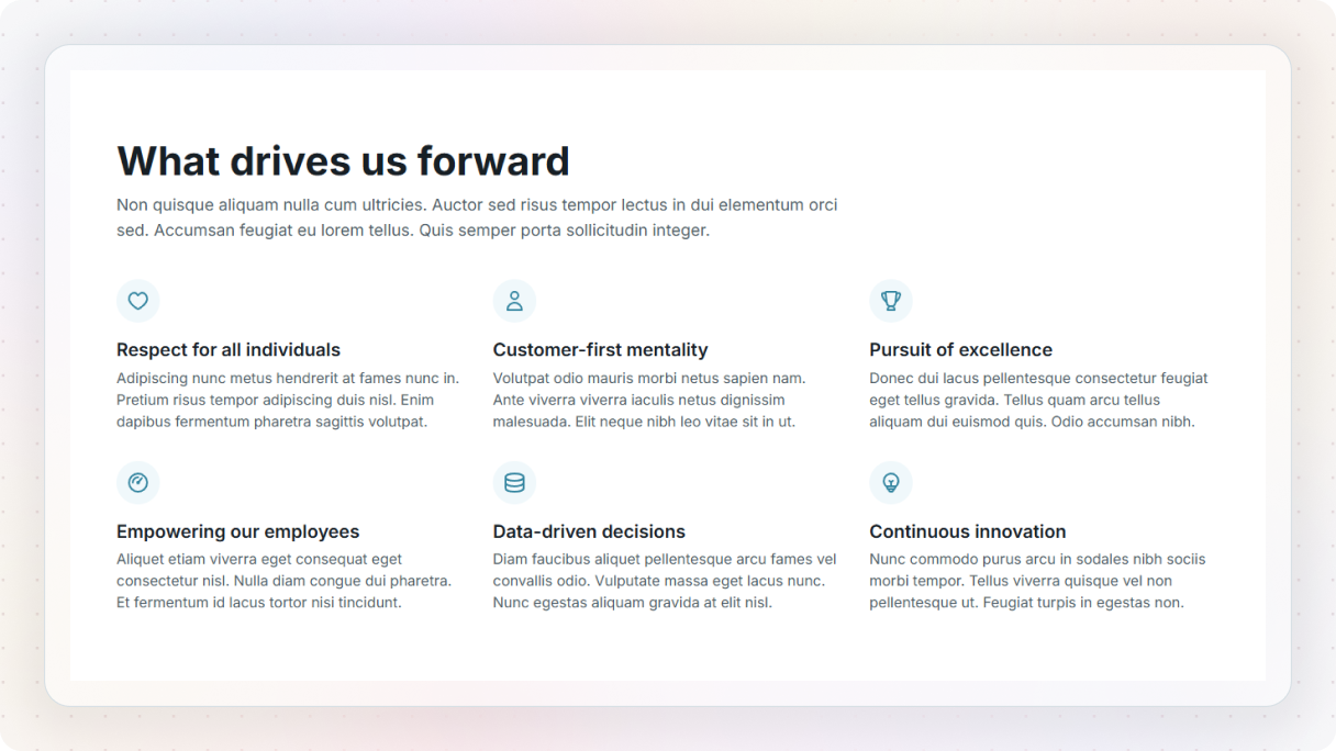 A values section with a bold headline and six evenly spaced cards arranged in a 3x2 grid, each with an icon, a short title, and a description.