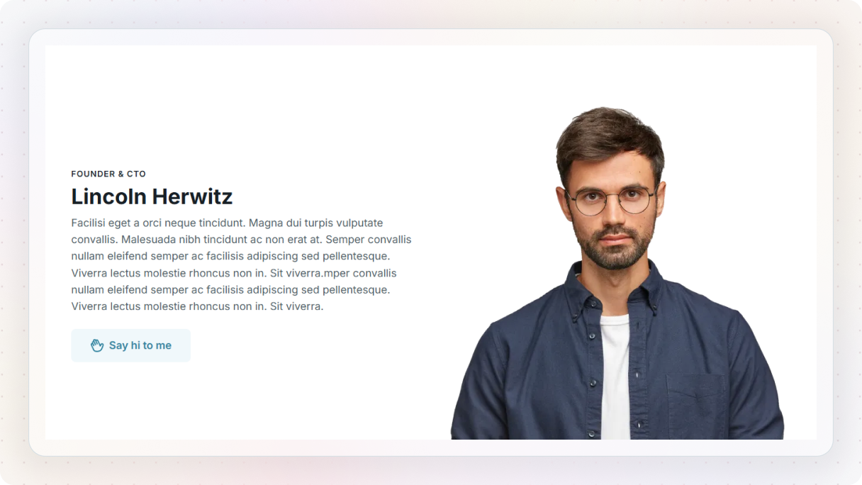 A two-column team member card with a text block and CTA button on the left balanced by a large portrait photo of Lincoln Herwitz, Founder & CTO, on the right.