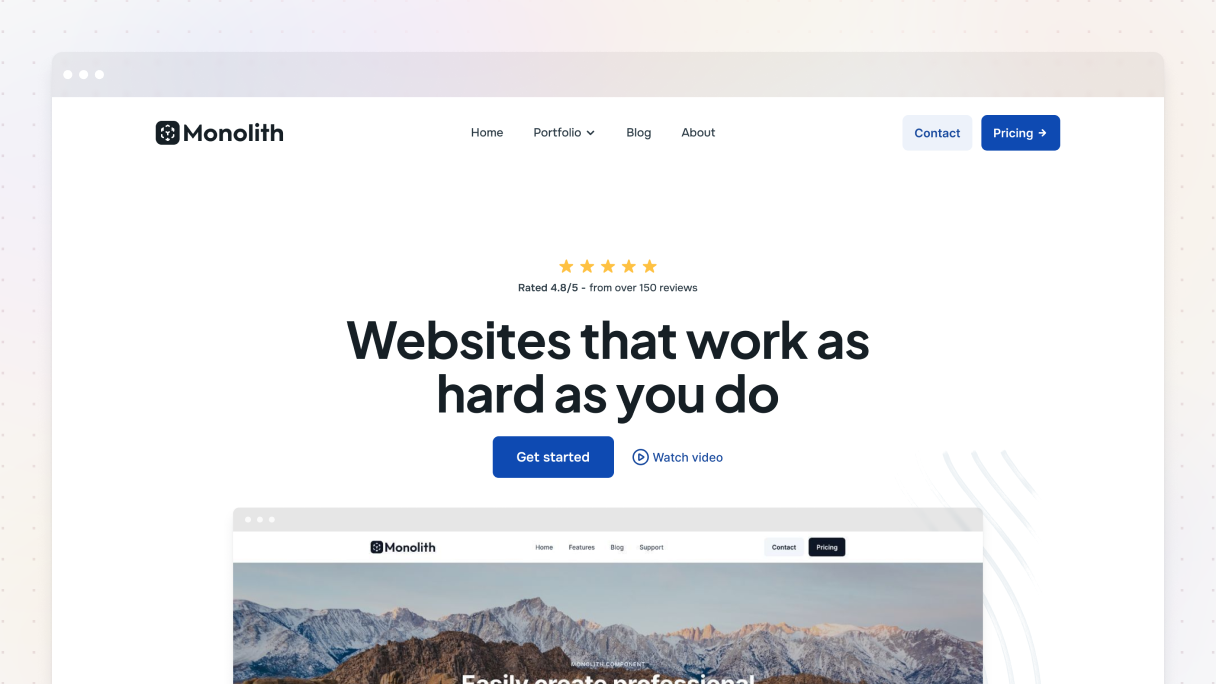 The Monolith theme's navigation menu displaying Home, Portfolio, Blog, and About links with Contact and Pricing call-to-action buttons on the right side.
