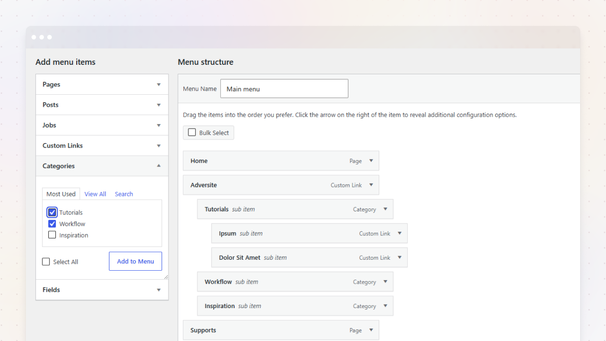 WordPress classic menu editor showing the Add Menu Items panel with Categories expanded, and the Menu Structure panel displaying a nested menu with pages, custom links, and category sub-items.