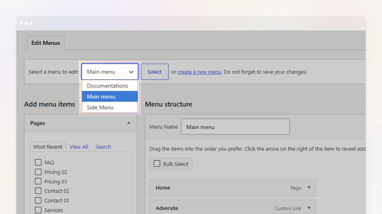 WordPress Edit Menus screen with the menu selector dropdown open, showing three available menus: Documentations, Main menu, and Side Menu.