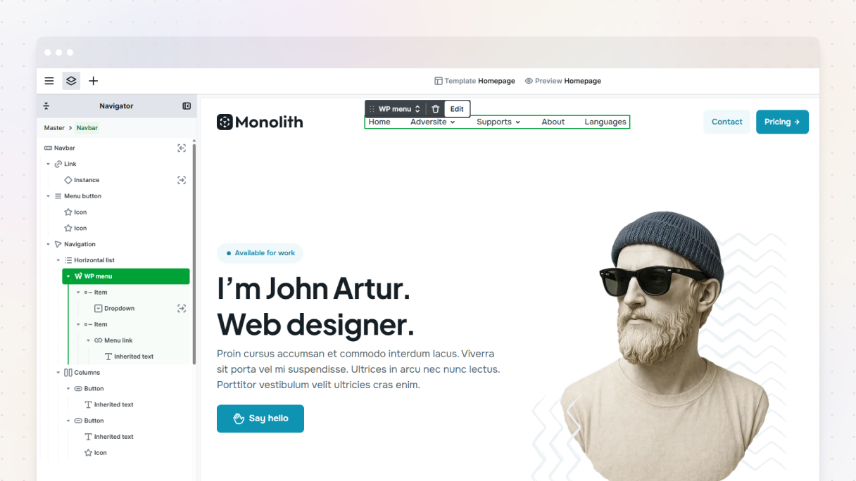 Mosaic visual builder showing the Navigator panel with a WP Menu element selected inside a Navbar, alongside a live canvas preview of the Monolith theme homepage with an active navigation menu.