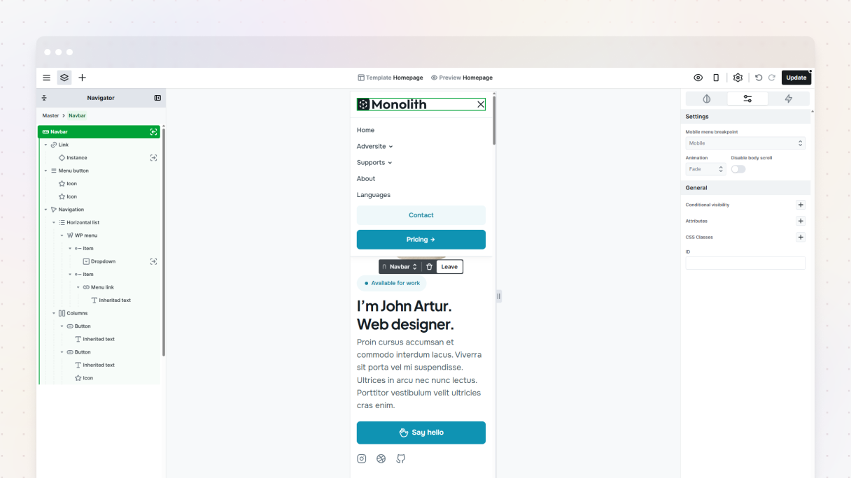 Mosaic builder displaying a mobile preview of the Monolith theme with an open navigation menu, the Navigator panel showing the Navbar structure, and the Settings panel on the right with mobile menu breakpoint and animation options.