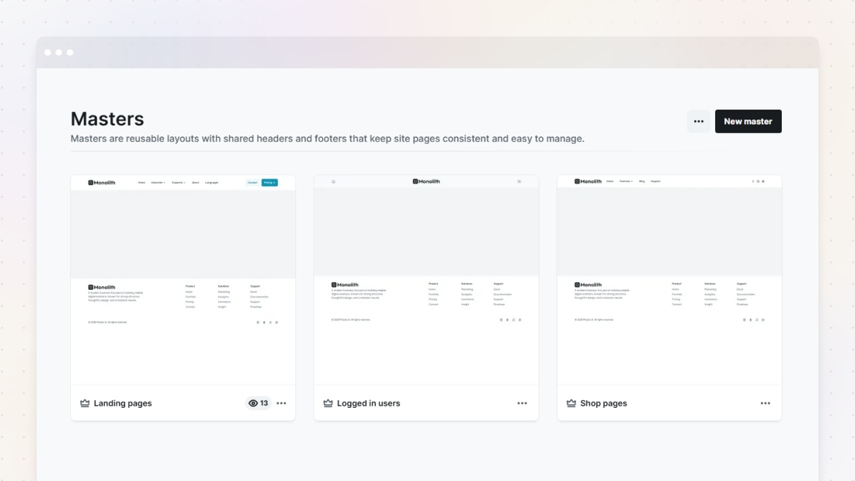 Mosaic Masters screen showing three different layout templates for Landing pages, Logged in users, and Shop pages, each with a distinct navigation menu design.