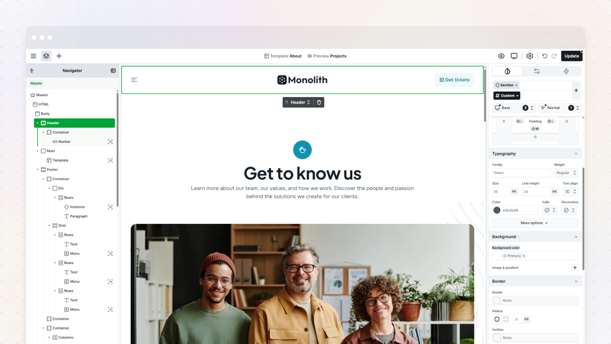 Mosaic builder showing the Monolith theme's About page with a centered navigation layout featuring a hamburger menu on the left, centered logo, and a Get Tickets button on the right, with the Header element selected in the Navigator panel.