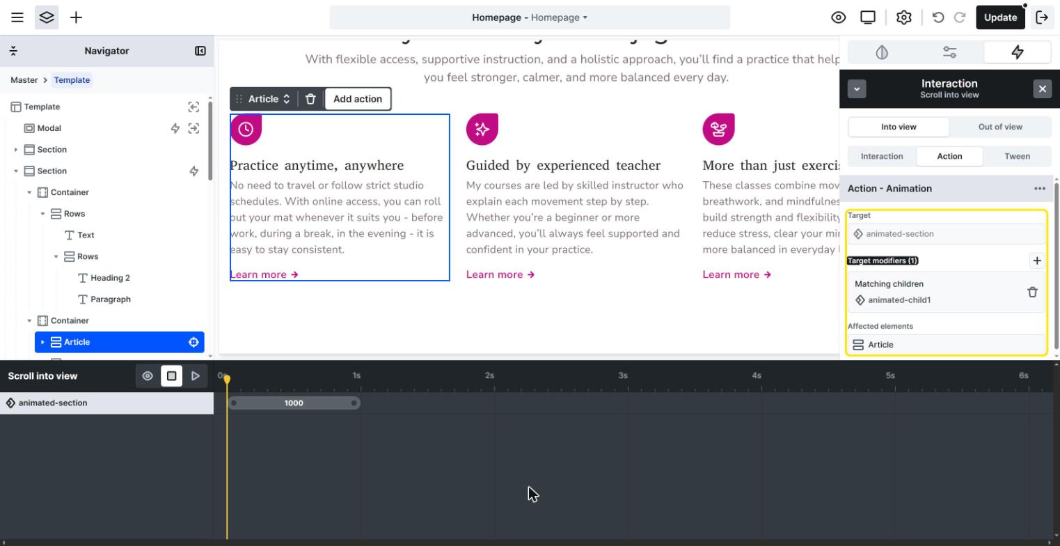 Mosaic Action tab with the inherited animated-section Target, the Matching children animated-child1 Target modifier, and the Article listed under Affected elements