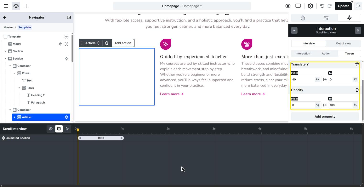 Mosaic Tween tab with Translate Y from 40 px to 0 px and Opacity from 0% to 100%