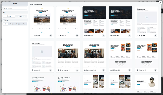Assets pop-up panel in Mosaic displaying reusable components and layout library for quick design access