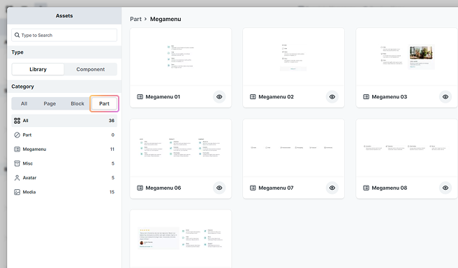 Part tab selected under the Library in Mosaic, featuring smaller reusable design elements