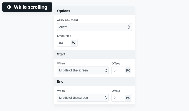 Mosaic While scrolling interaction settings with options for Allow backward, Smoothing, Start, and End to control animation behavior during scroll