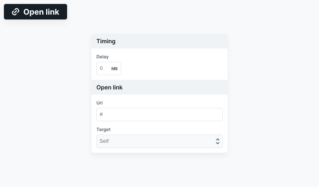 Mosaic Action tab showing Open link settings with fields to add a URL, set a delay, and choose where it opens