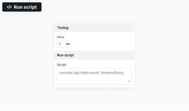Mosaic Action tab showing Run script settings with options to set a delay and enter custom JavaScript code in the Script field