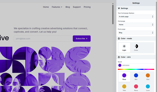 Theme setup Wizard in Mosaic displaying settings configuration step during initial theme creation
