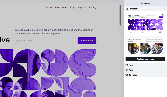 Template selection step in Mosaic’s setup Wizard, allowing users to choose or replace templates for Homepage, Blog, Post, and 404 pages