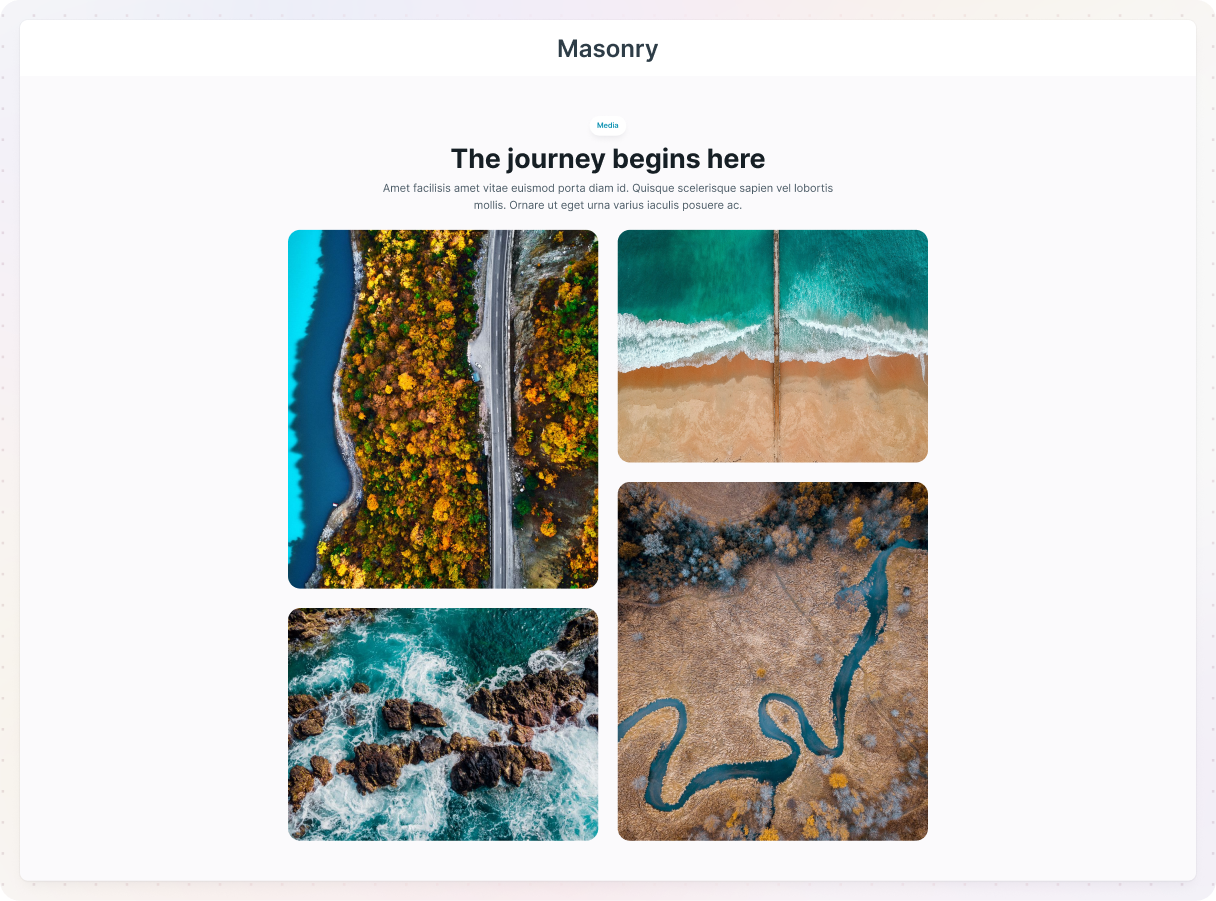 Screenshot of the Monolith theme using a masonry layout in the Media 07 block, with images arranged in a staggered way
