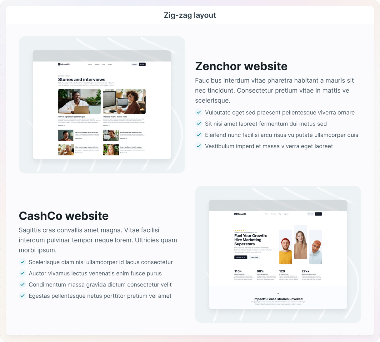 Screenshot of the Monolith Theme using a zig-zag layout in the Content 16 block, alternating text and images